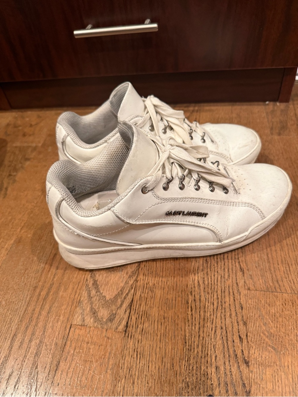 Saint Laurent White Leather Low-Top Sneakers Sz 7 SL Logo Men's